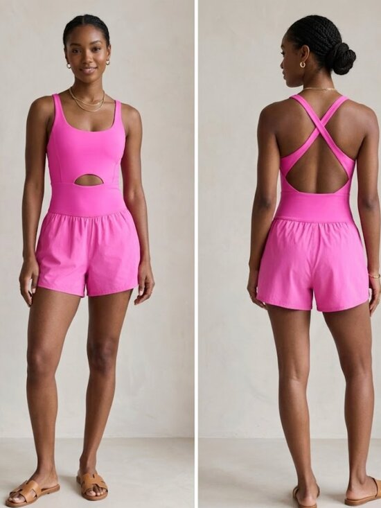 Pants - Hot Pink Crisscross Cutout Active Yoga Bodysuit Romper SZ S